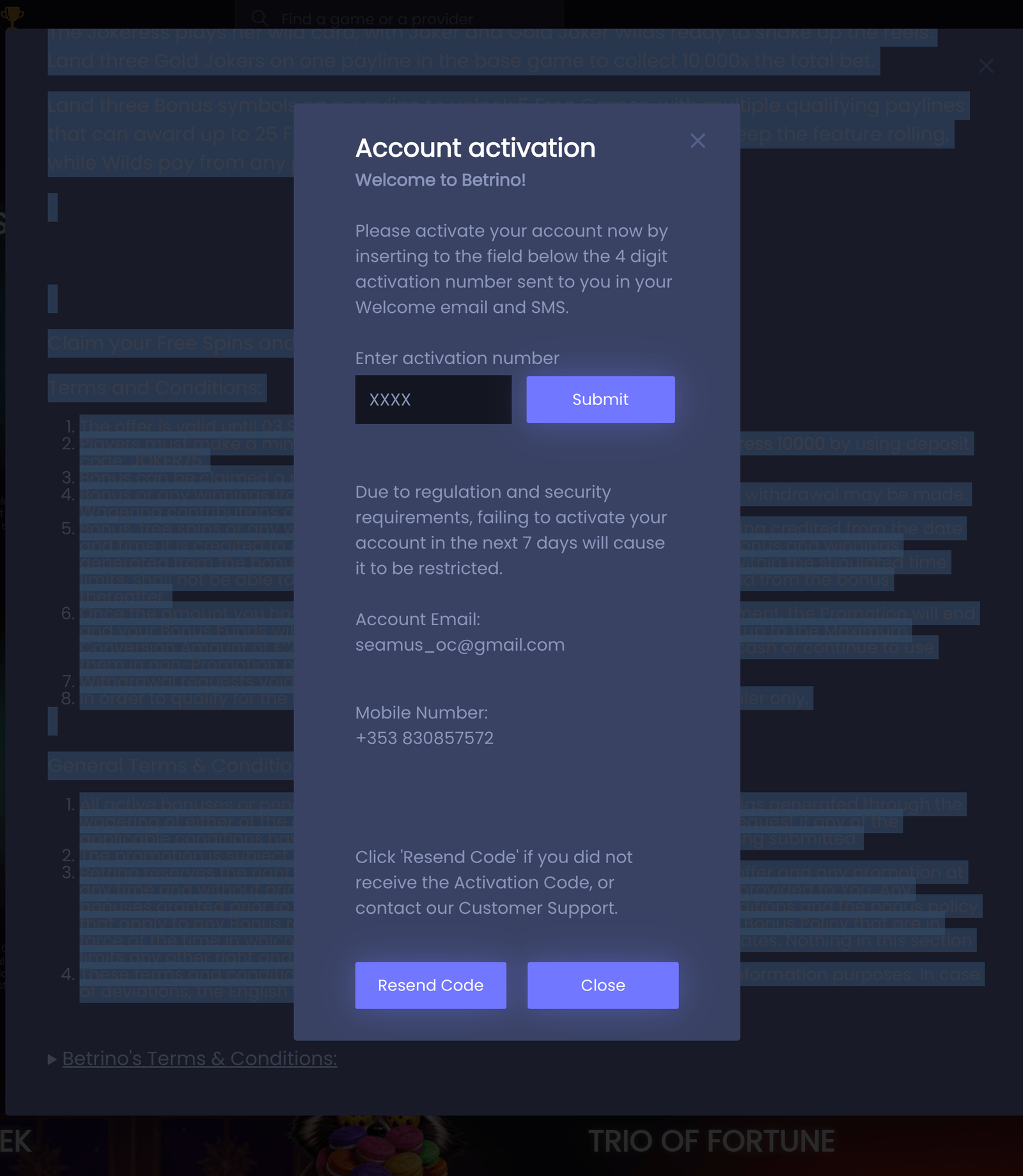 Betrino account verification code