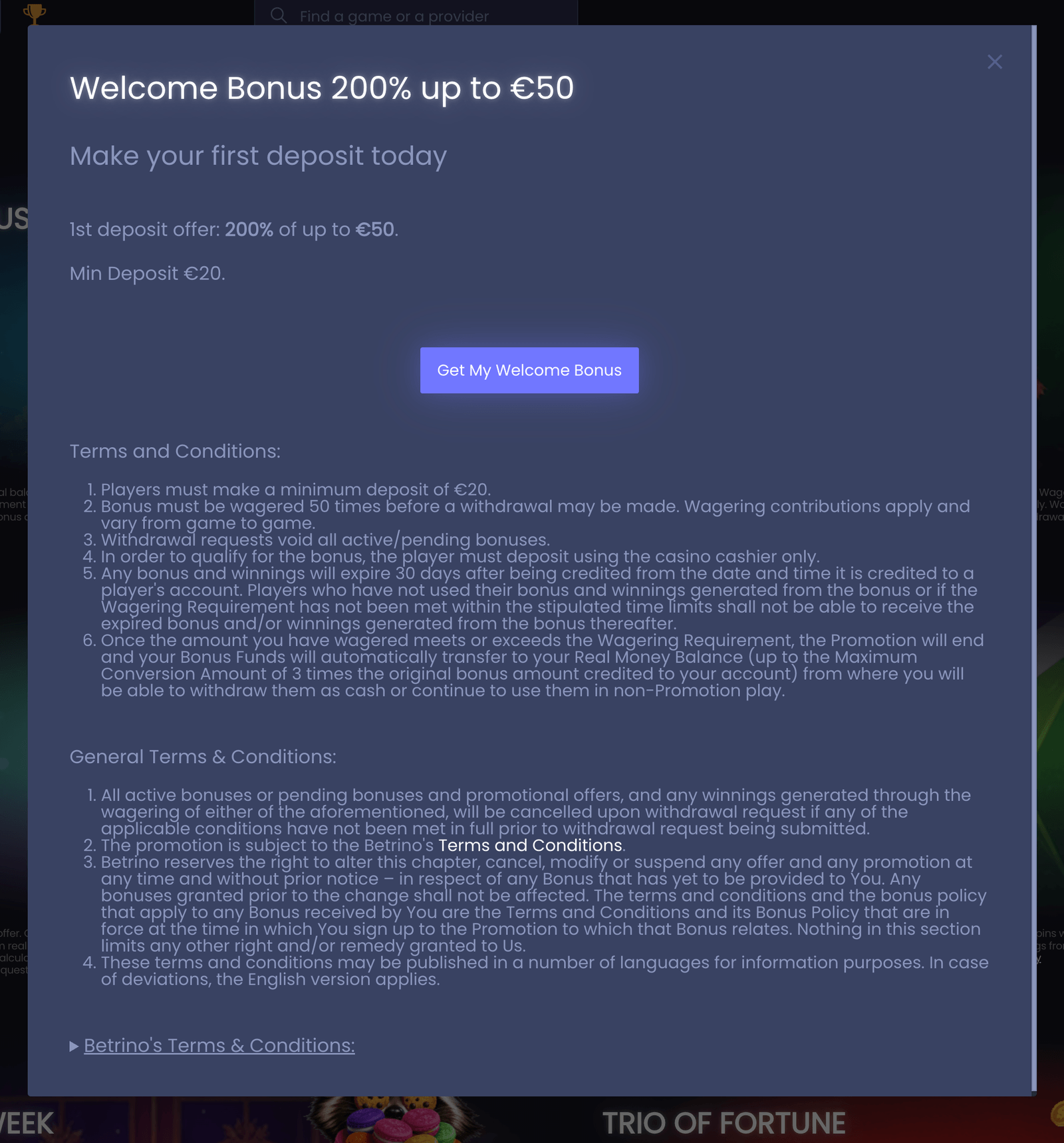 Betrino casino welcome modal