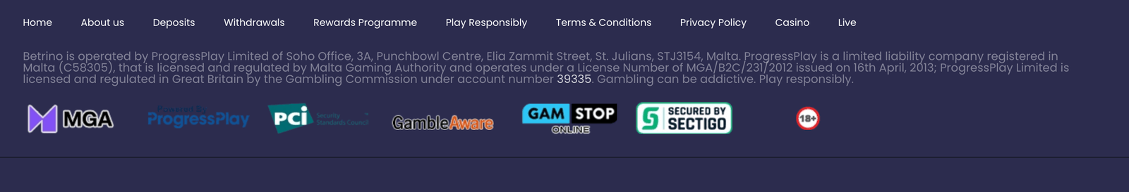 Betrino footer with license information