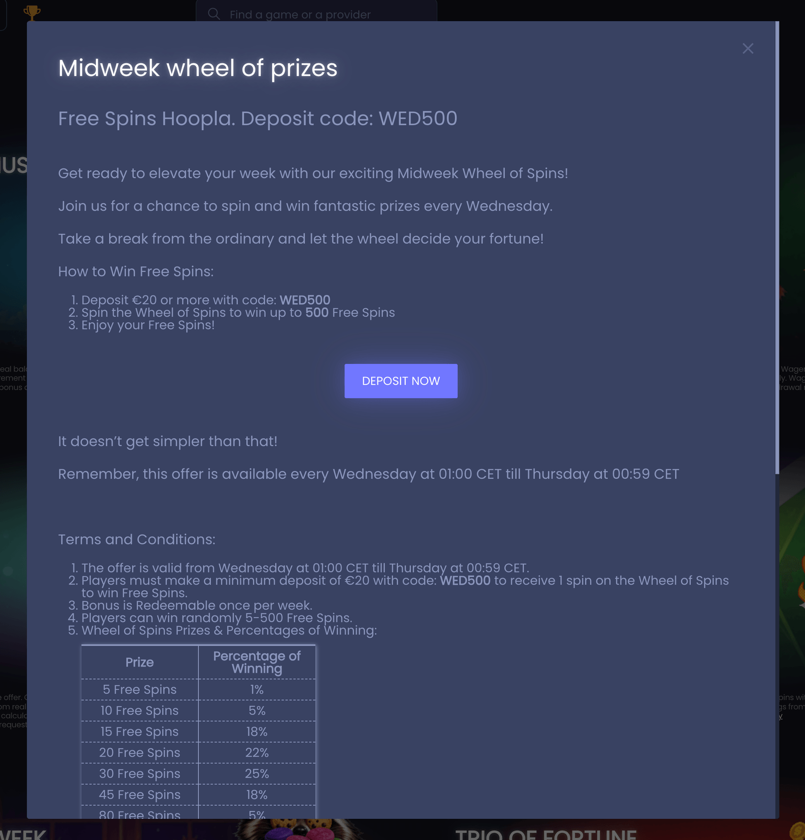 Betrino midweek wheel promo