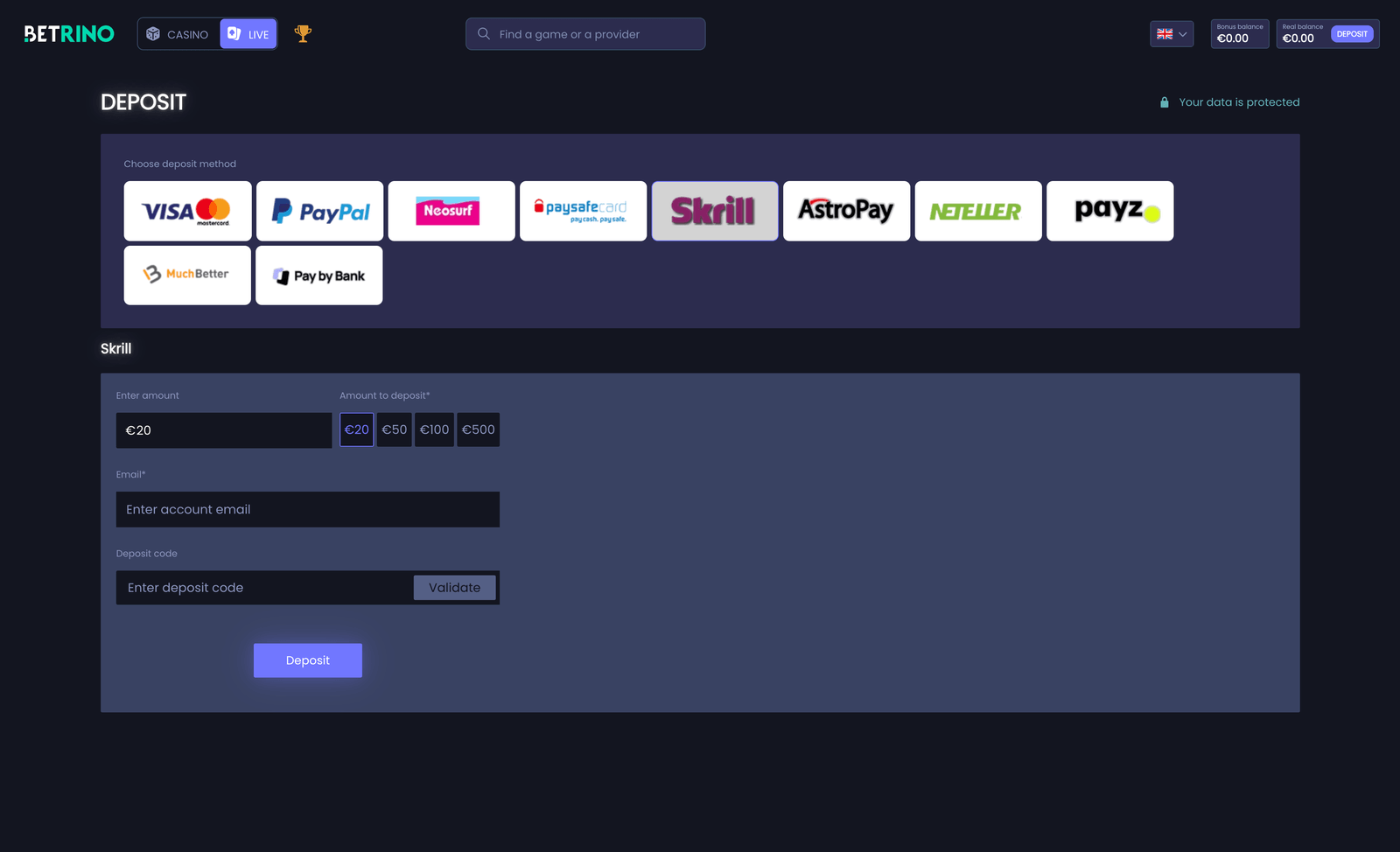 Betrino registration first deposit