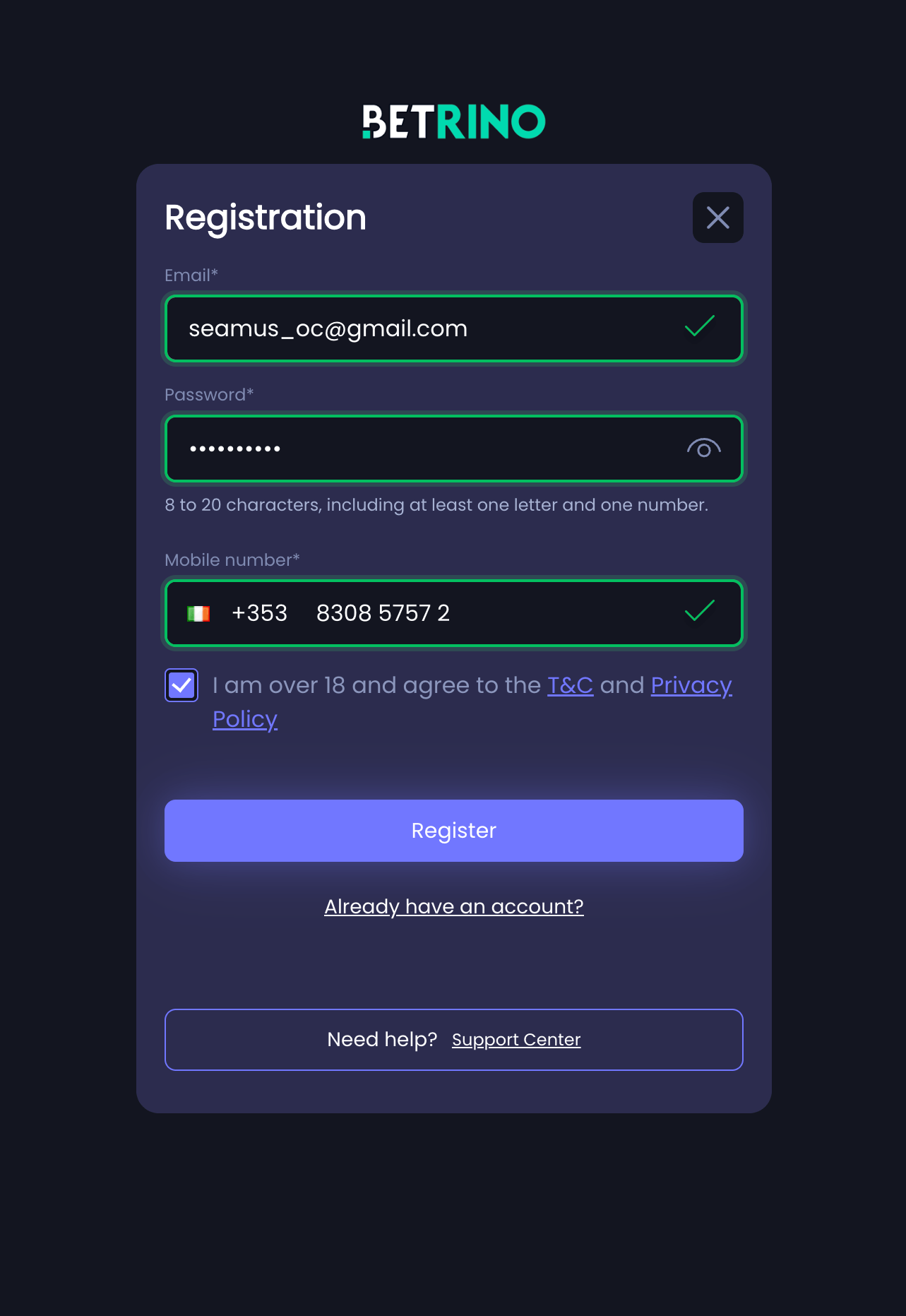 Betrino registration step one contact information