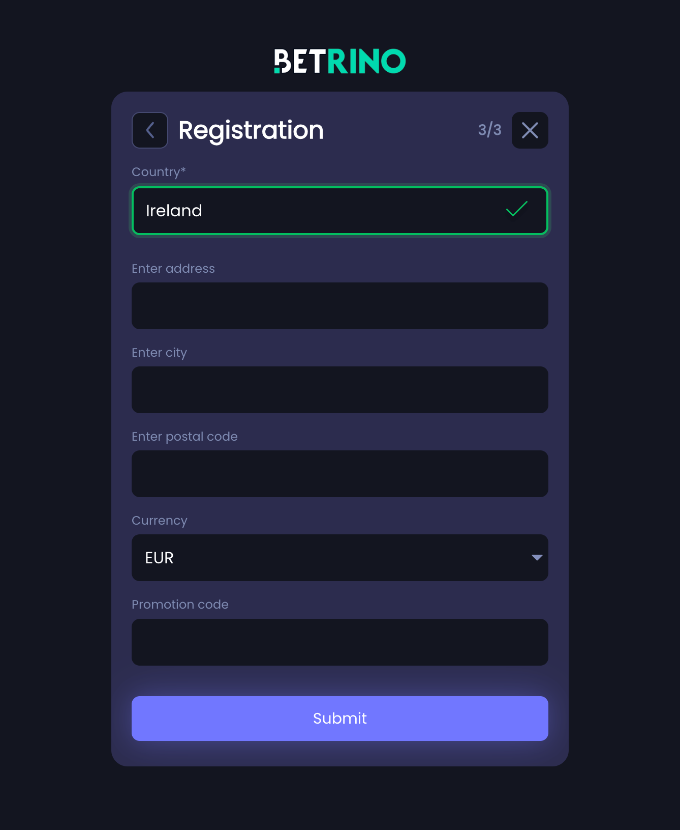 Betrino registration step three address