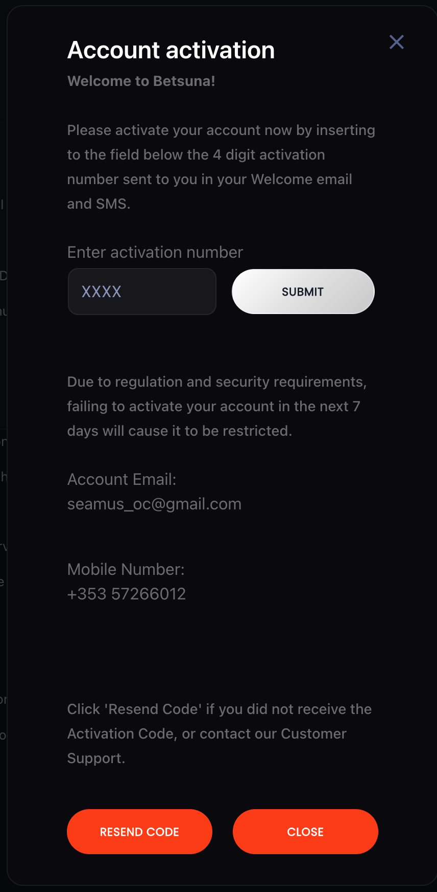 Betsuna Casino account activation