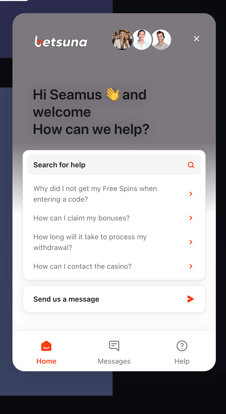 Betsuna Casino chat support