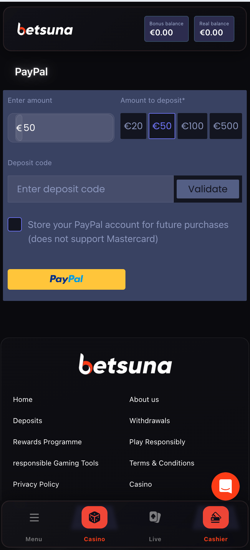 Betsuna Casino paypal deposit example