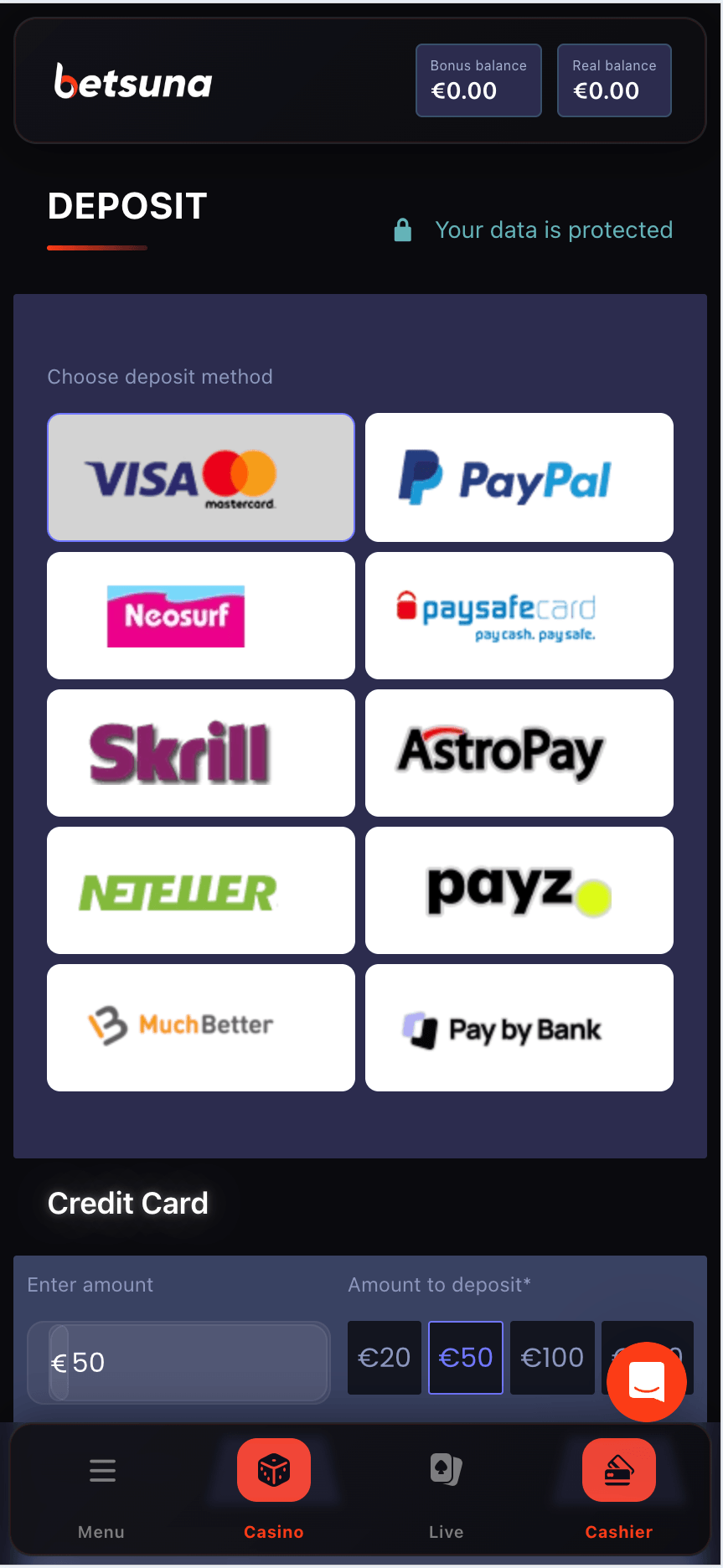 Betsuna Casino registration step four deposit