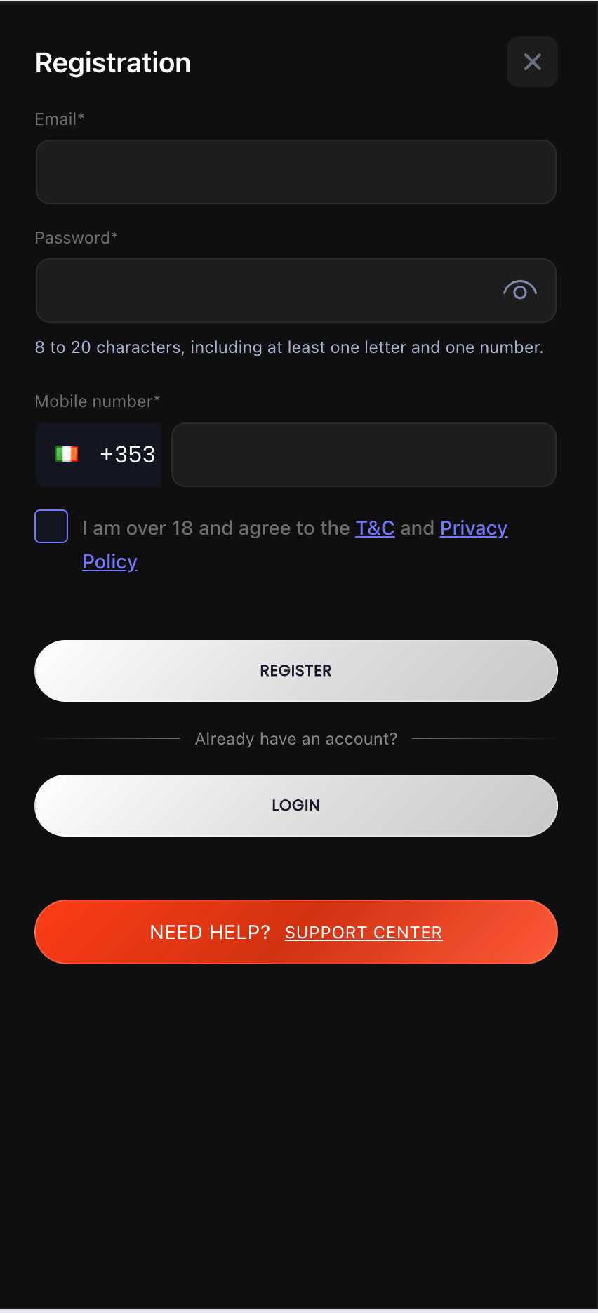 Betsuna Casino registration step one email password