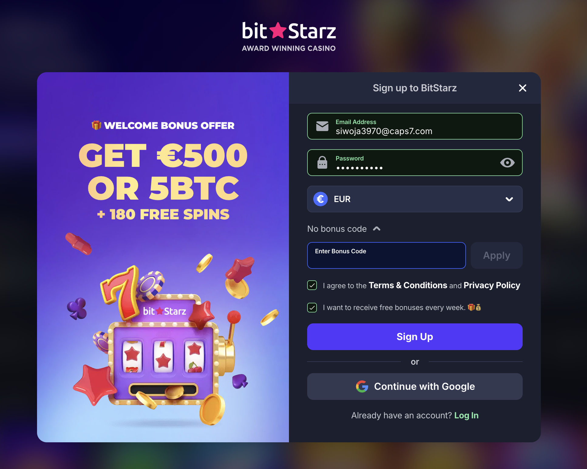 Bitstarz Casino enter bonus code on registration