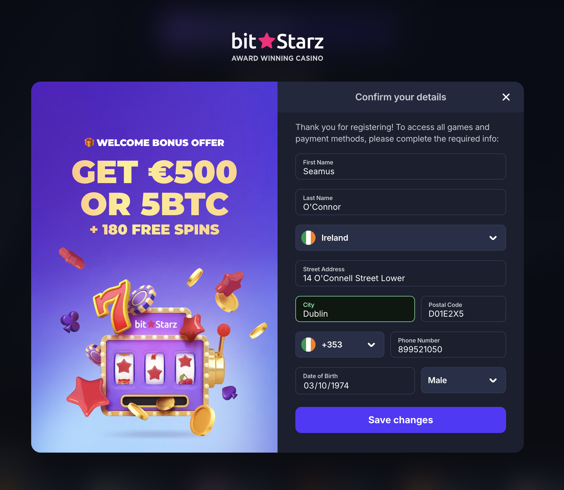Bitstarz Casino registration step two personal details