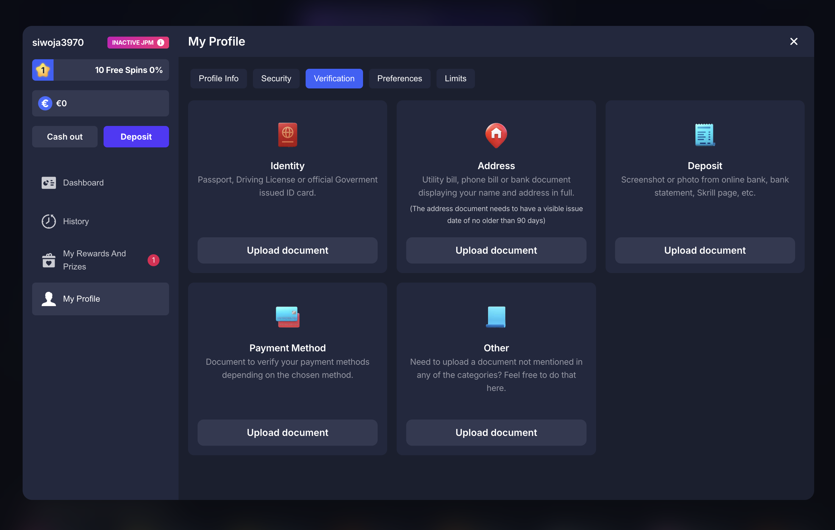 BitStarz My Profile Verification uploads
