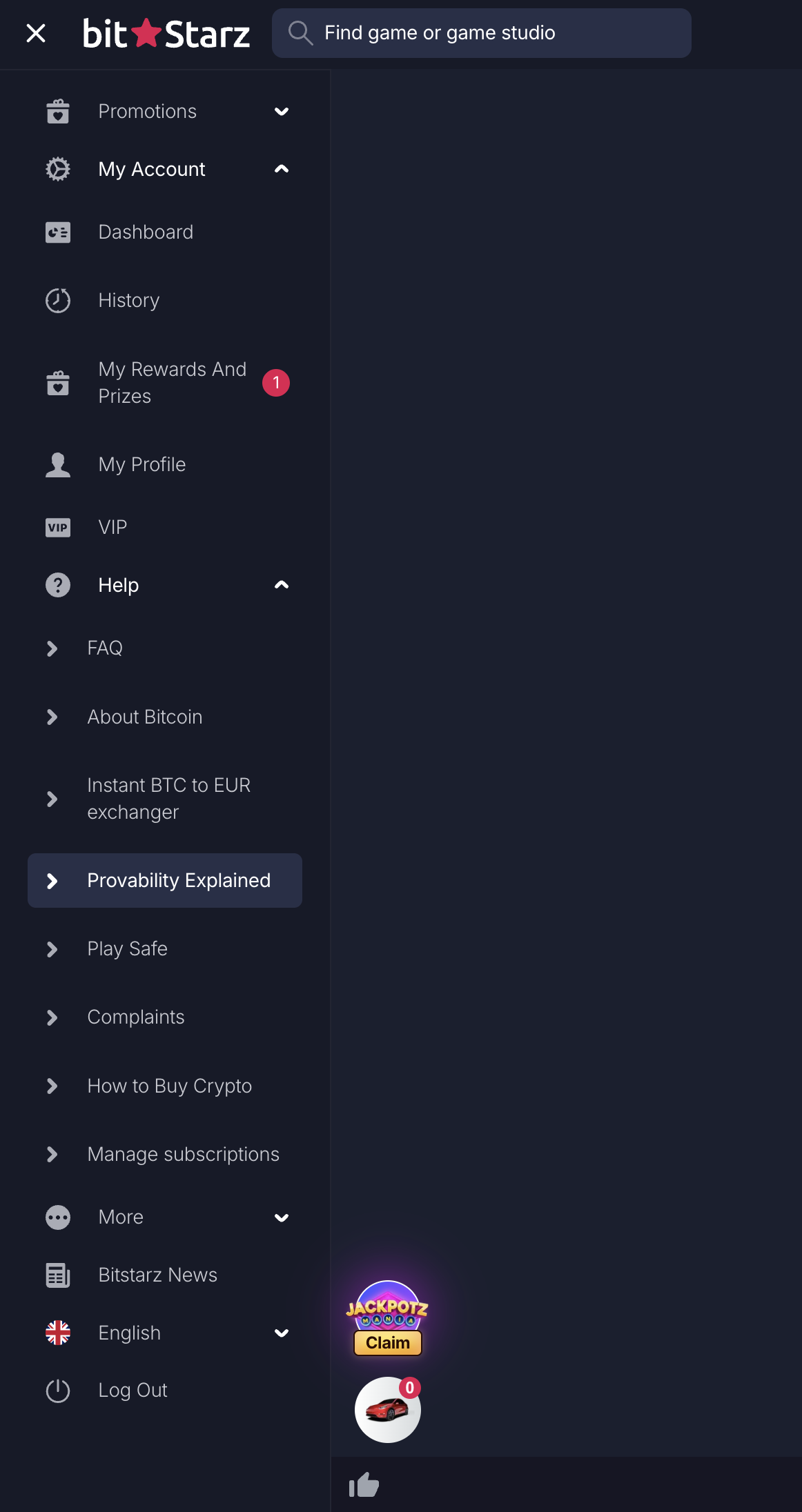 Bitstarz Casino sidebar with helpcenter
