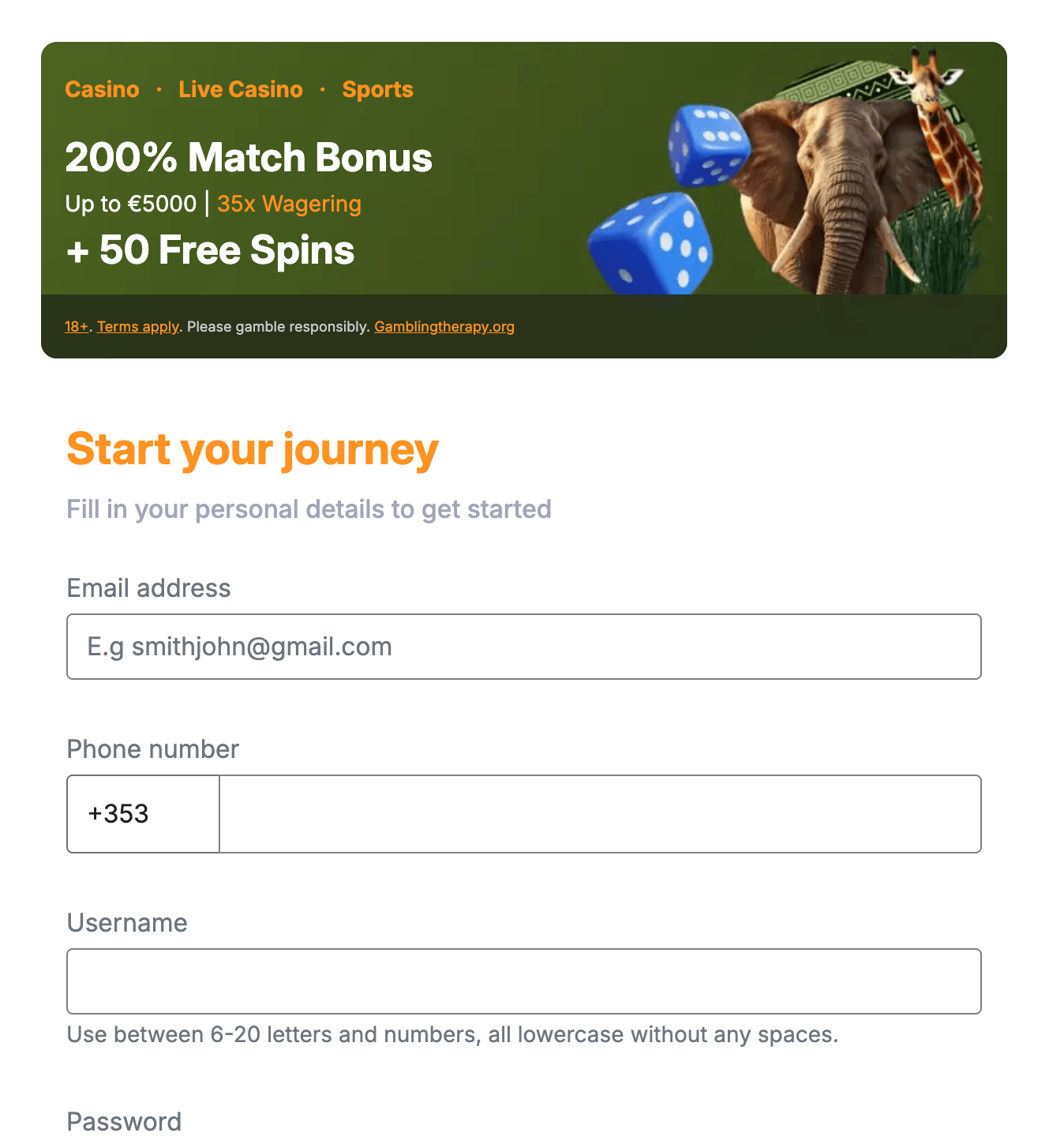 Casimba Casino signup form