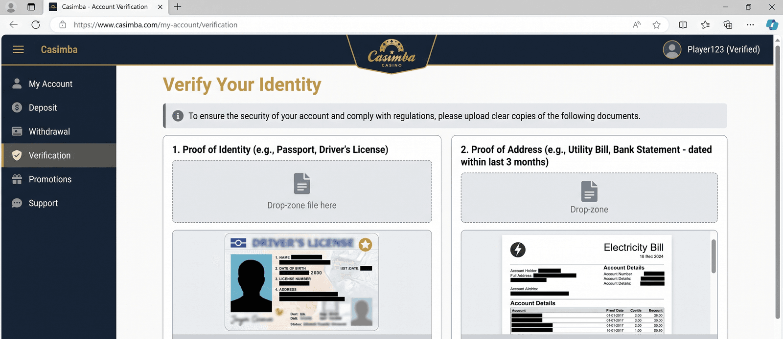 Casimba Casino verification