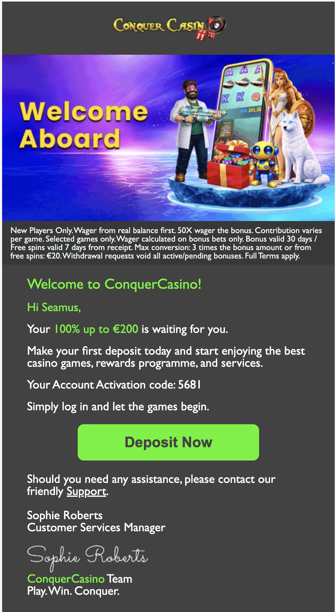 ConquerCasino email with bonus