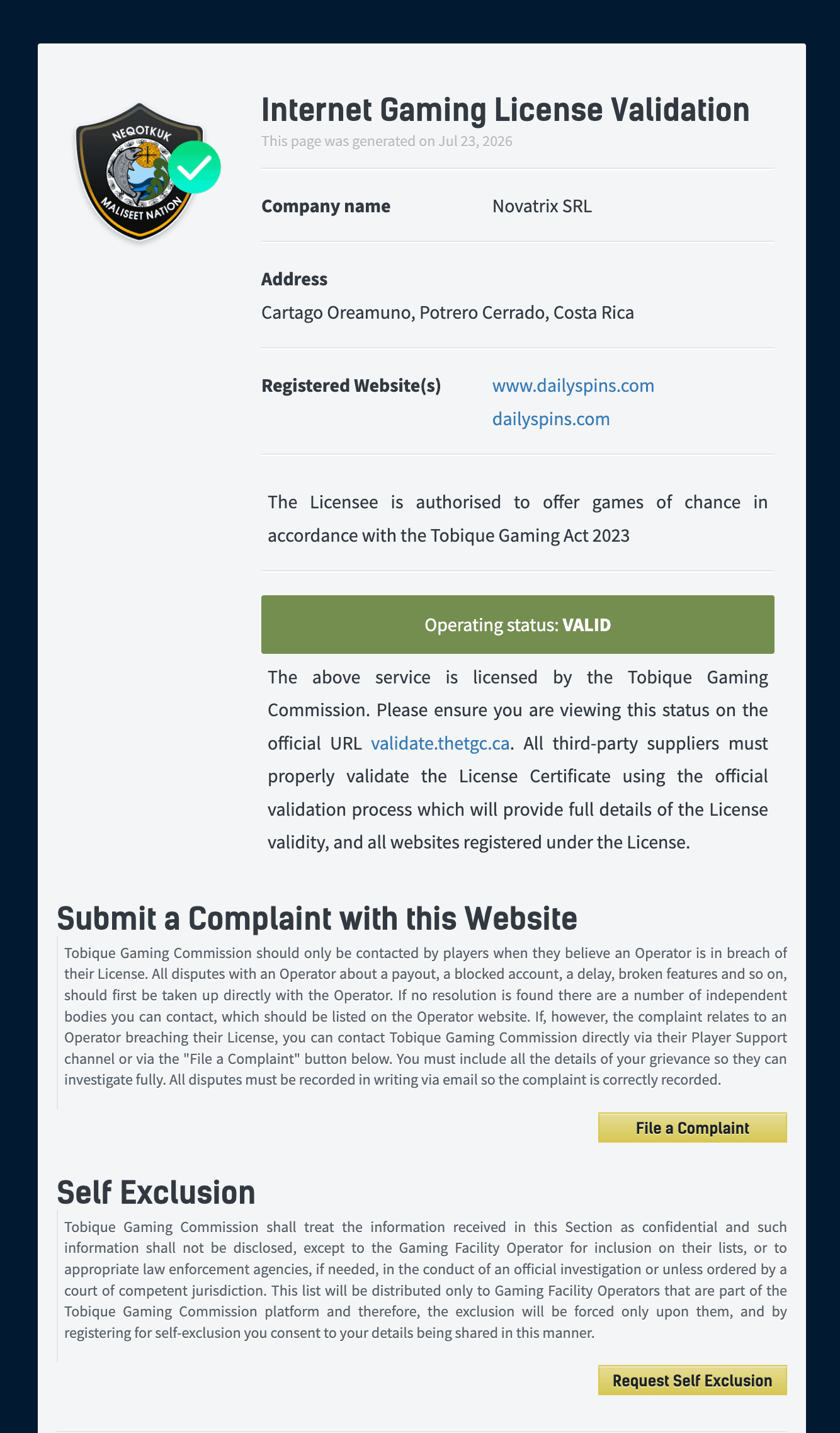 Dailyspins Casino license