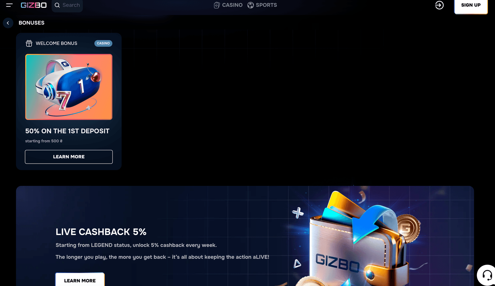 Gizbo casino bonuses