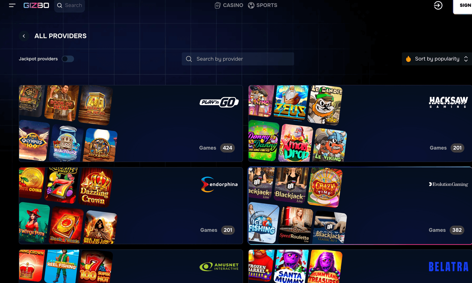 Gizbo casino providers