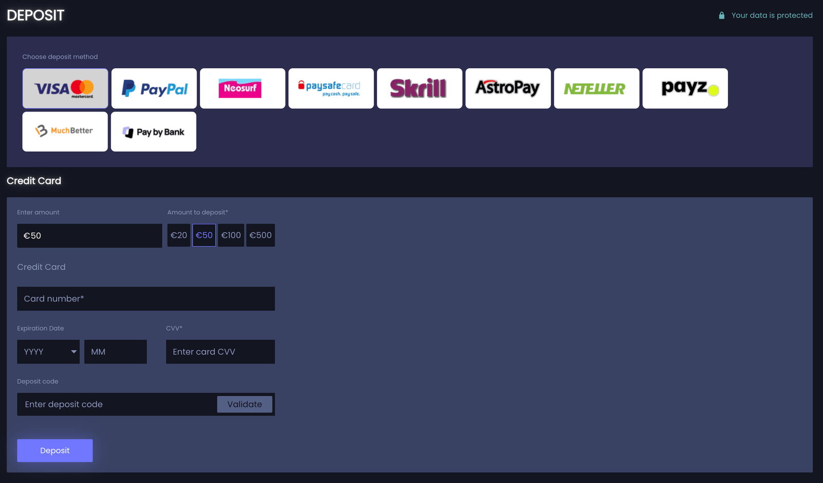 JeffBet register step four deposit options