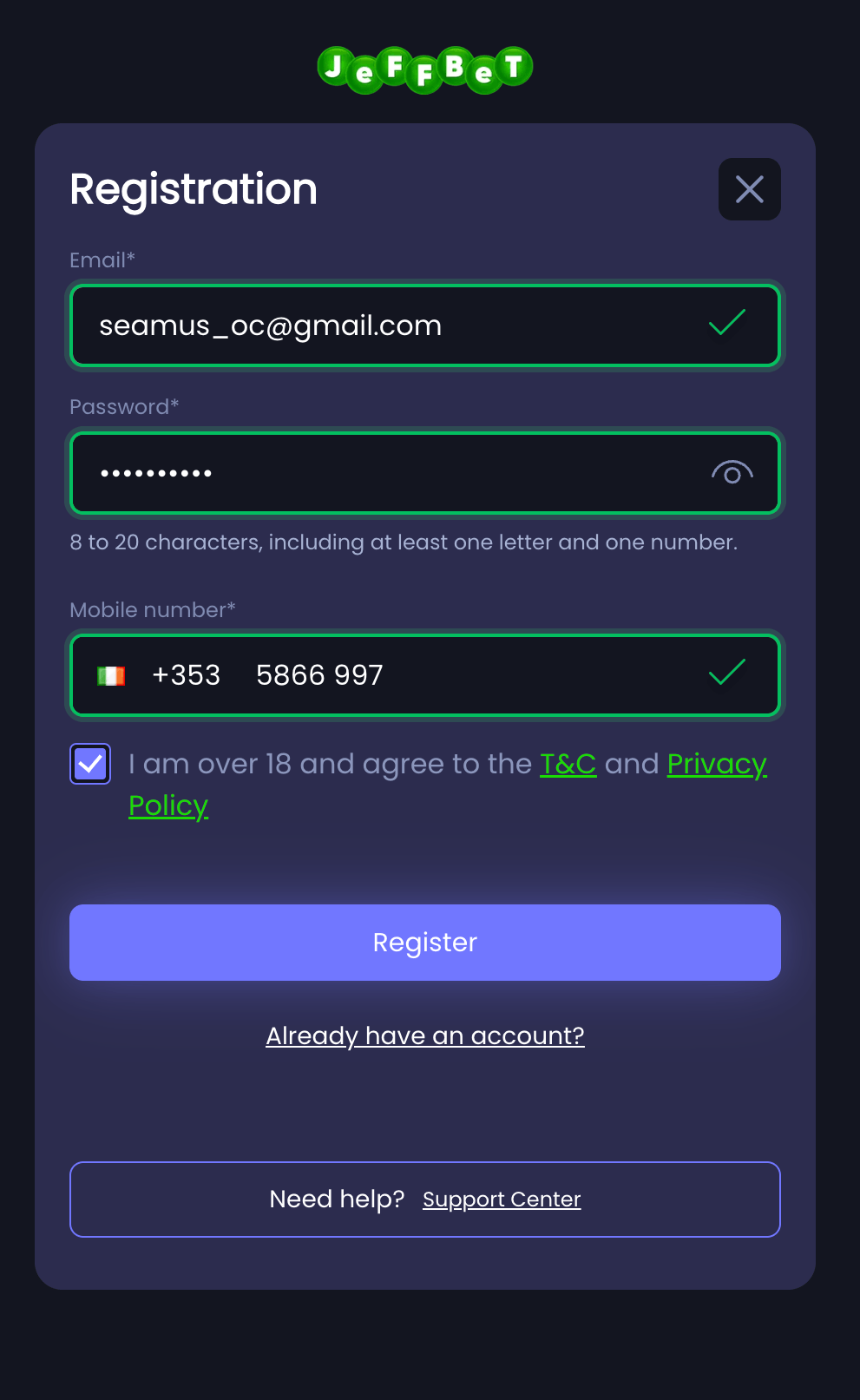 JeffBet register step one email password