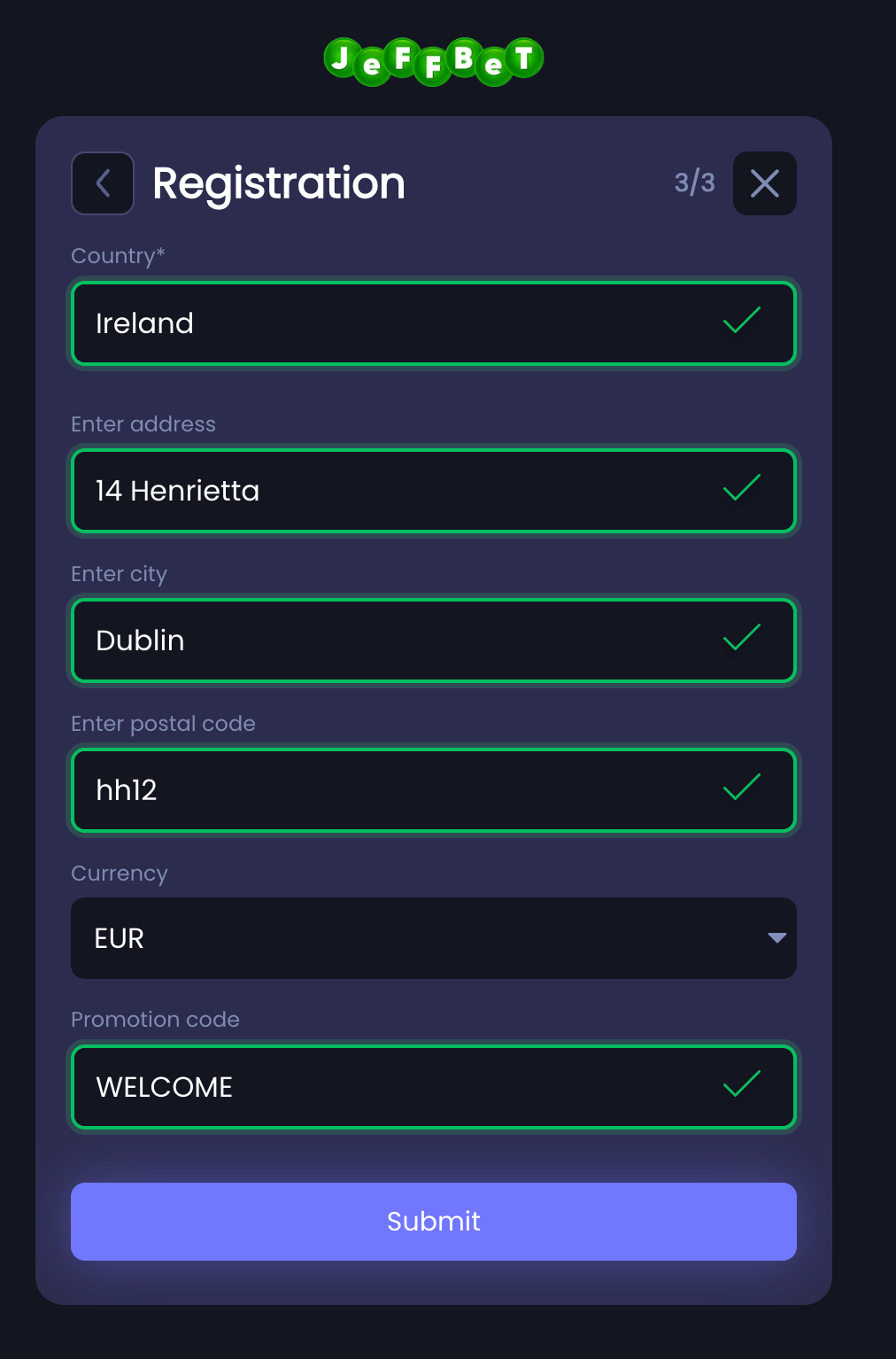JeffBet register step three address