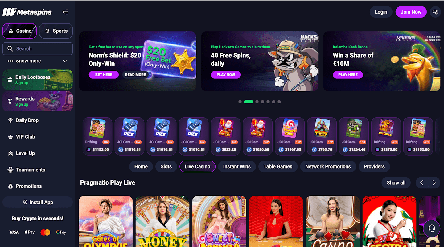 Metaspins Casino home page