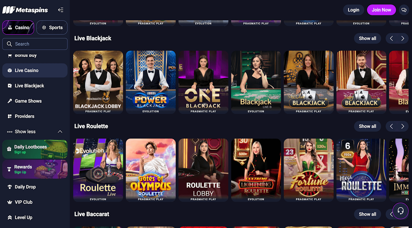 Metaspins Casino live casino