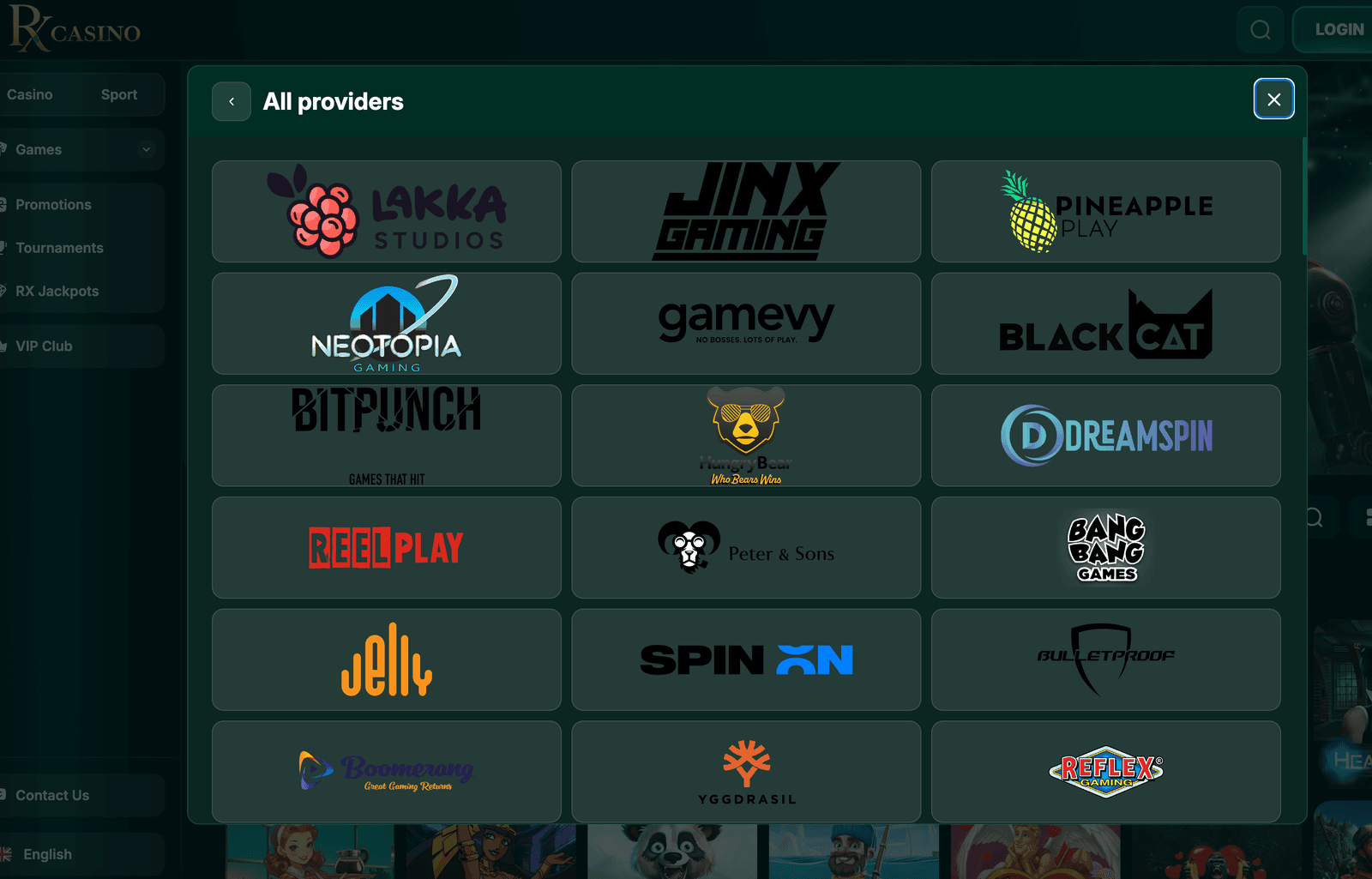 RX Casino onmlionme providers