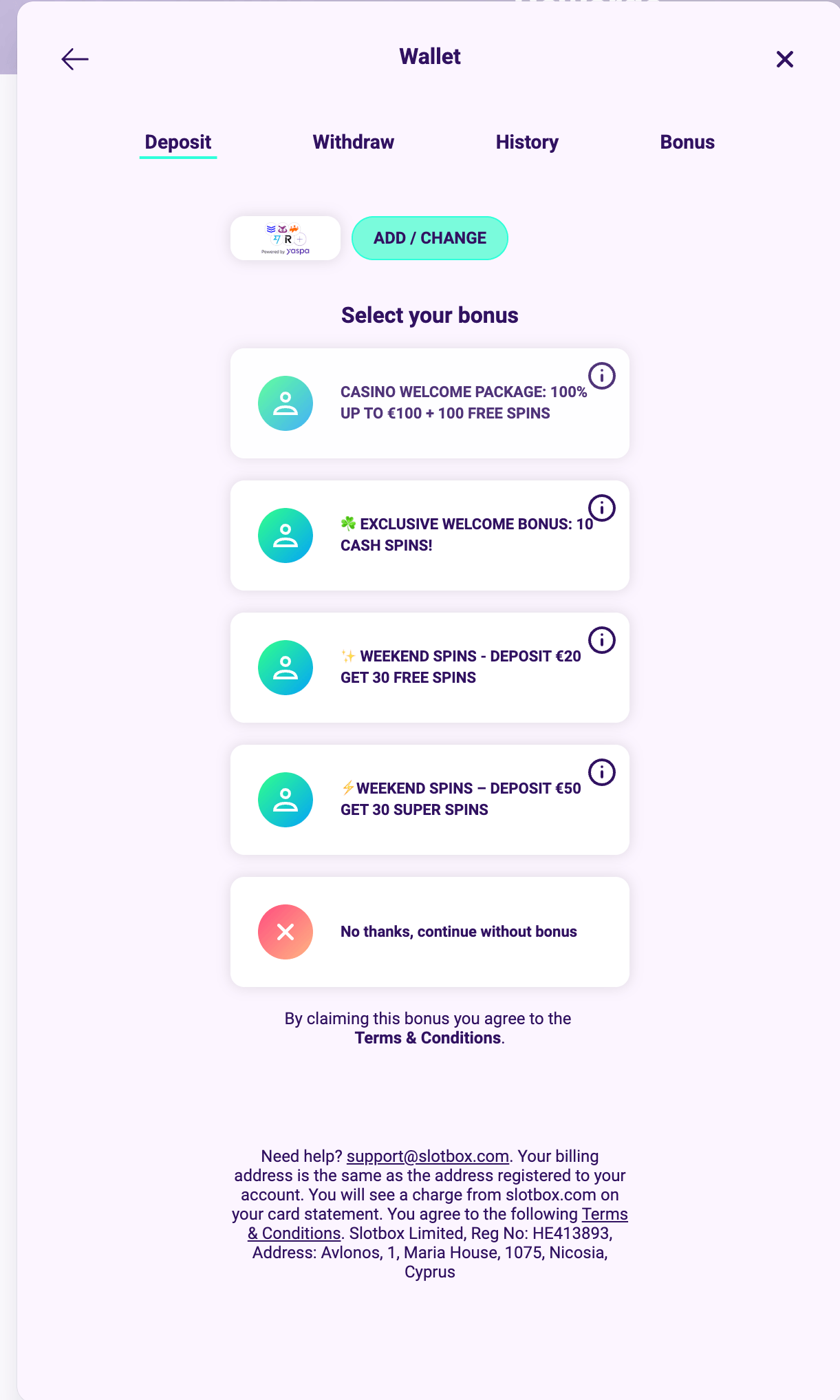 Slotbox choose bonus during signup
