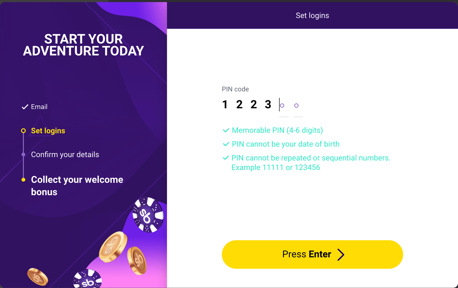 Slotbox create personal PIN