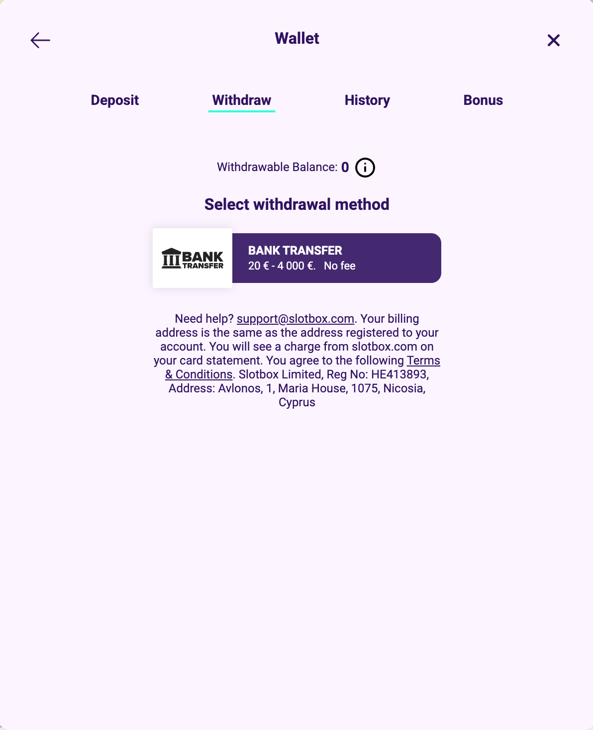 Slotbox withdraw screen