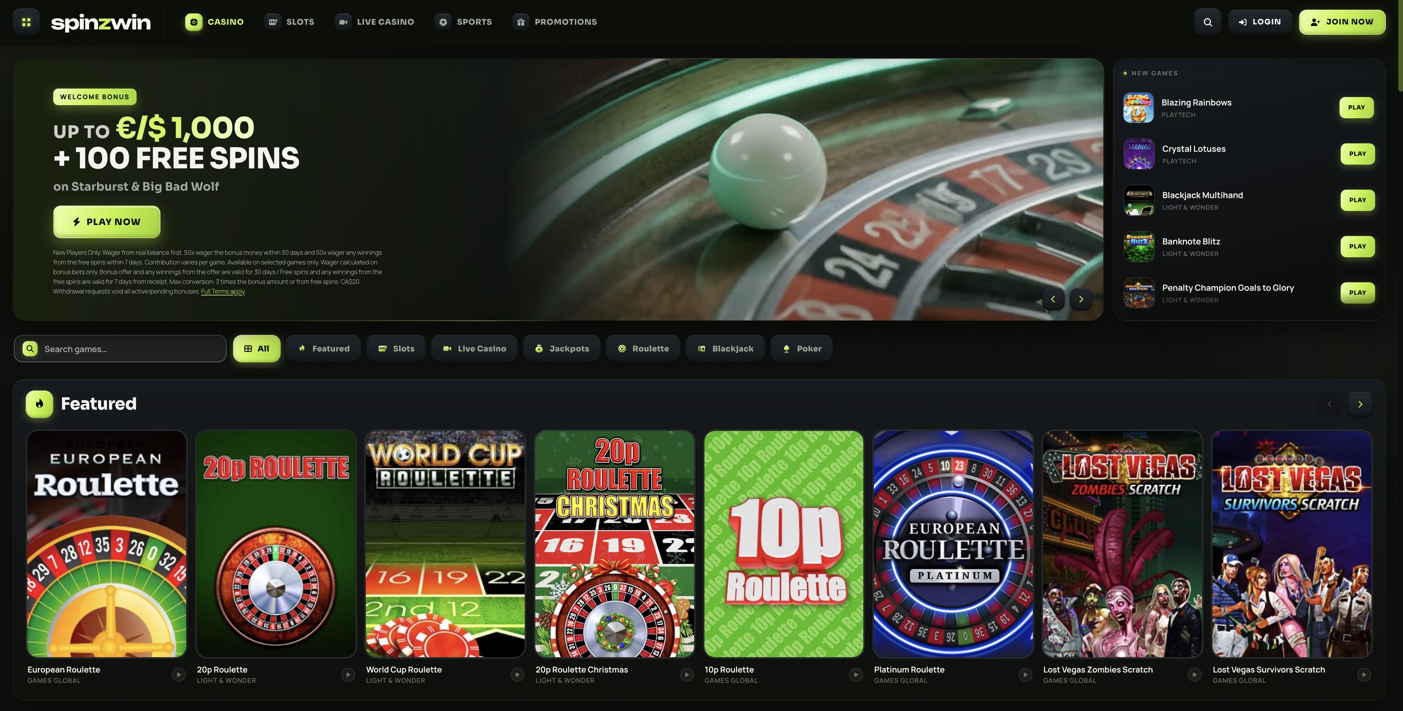 SpinzWin Casino homepage design