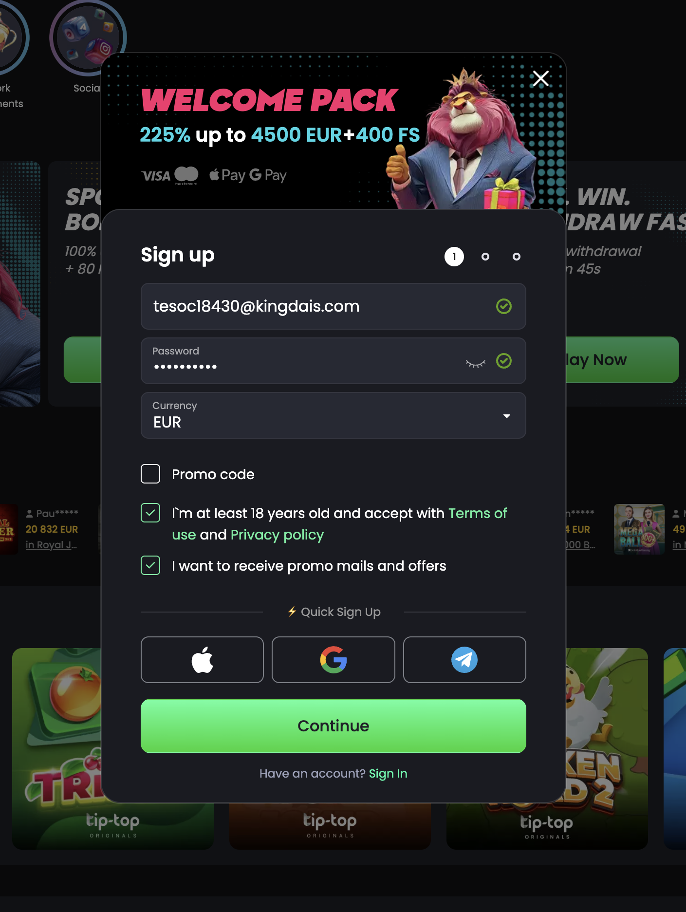 Tip-top bet signup step one