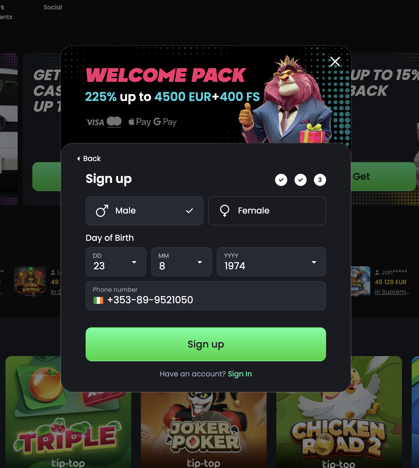 Tip-top bet signup step three