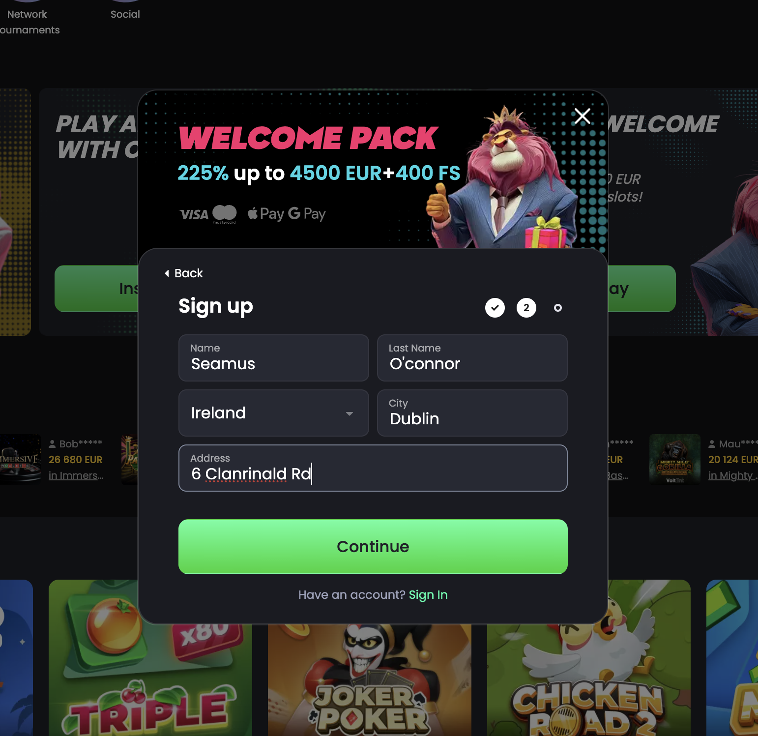 Tip-top bet signup step two