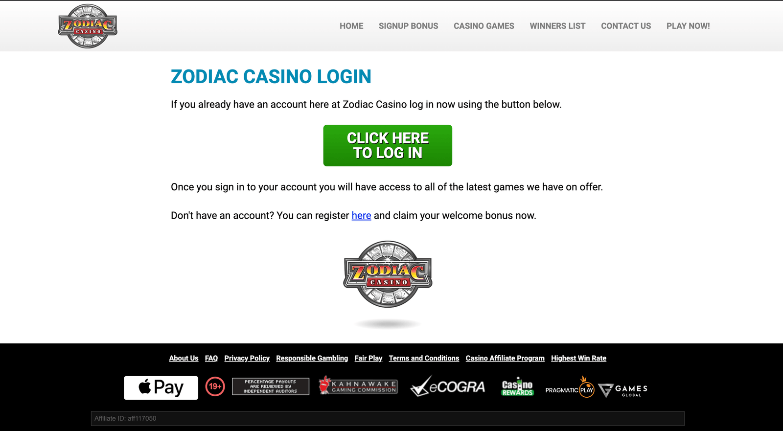 Zodiac Casino login