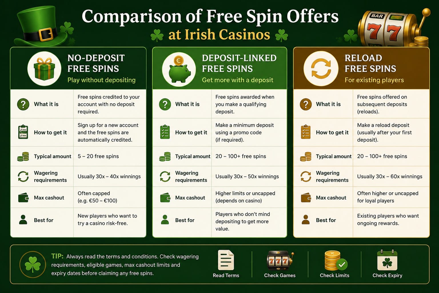 Free spins types for Irish players
