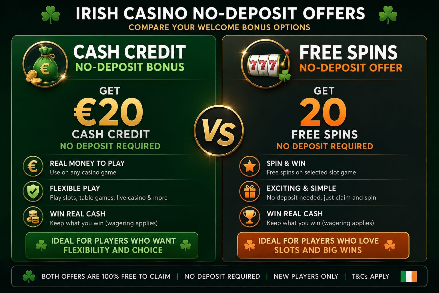 No deposit bonus types for Irish players