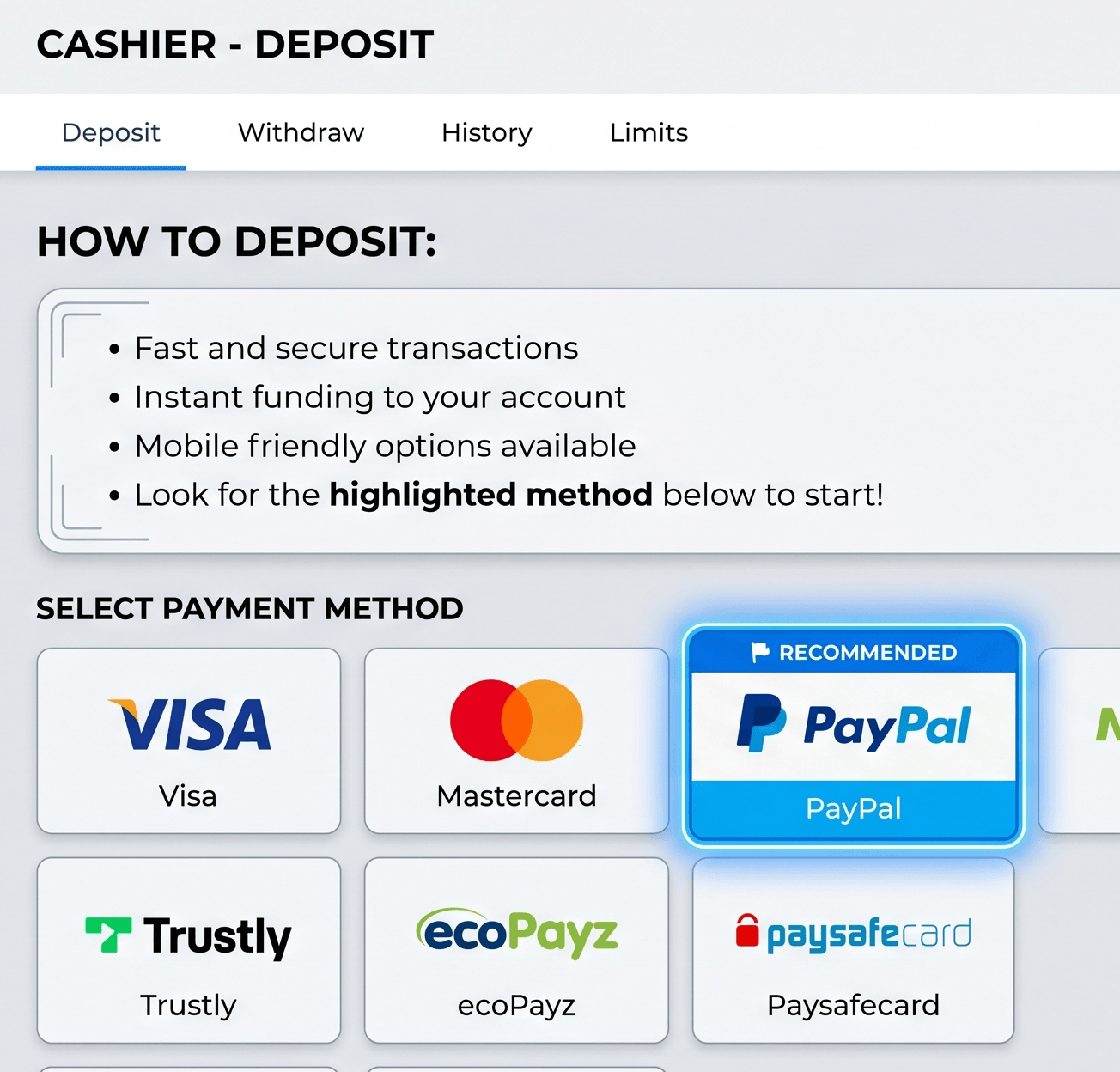 PayPal highlighted in a casino cashier