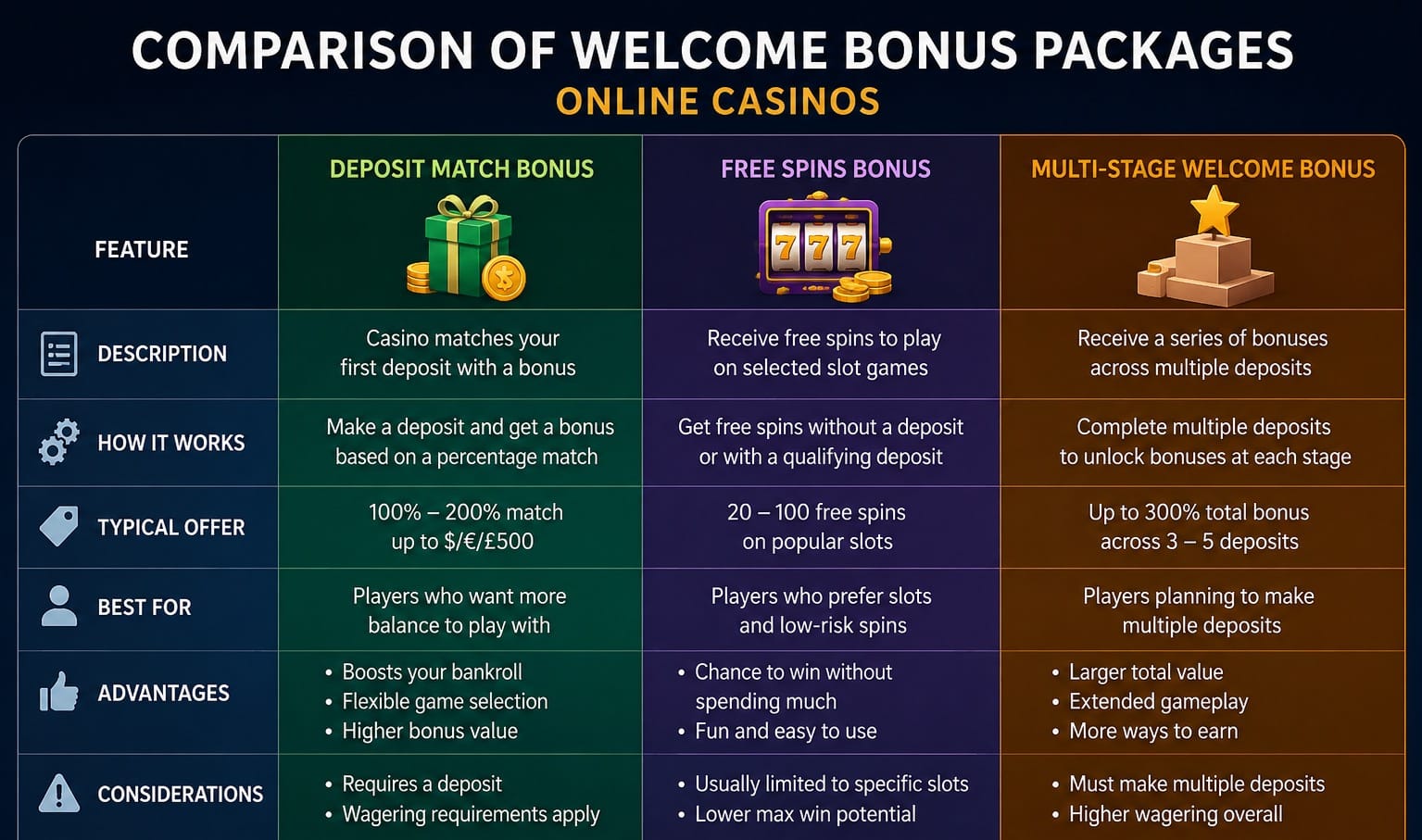 Welcome bonus types for Irish players